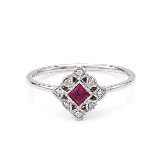 Color Gemstone Ring in 14 Karat White with 1 Princess Slightly Purplish Red Ruby 0.15ctw 2.8mm-2.8mm