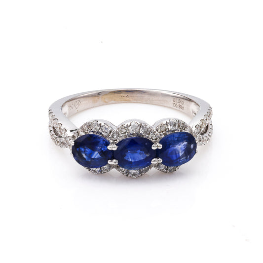 M Estate Collection Color Gemstone Ring in 18 Karat White with 3 Oval Sapphires 1.54ctw 5mm