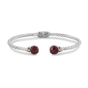 Bangle Color Gemstone Bracelet in Sterling Silver - 18 Karat White - Yellow with 2 Round Rubies 7mm