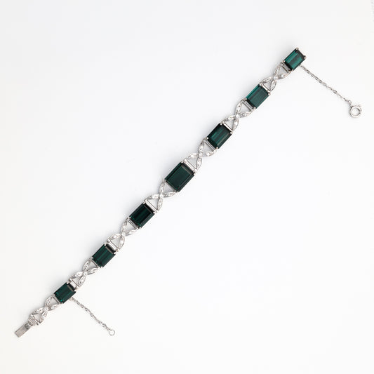 M Estate Collection Alternating Link Color Gemstone Bracelet in Platinum White with 7 Emerald Green Blue Indicolite Tourmalines 15.28ctw