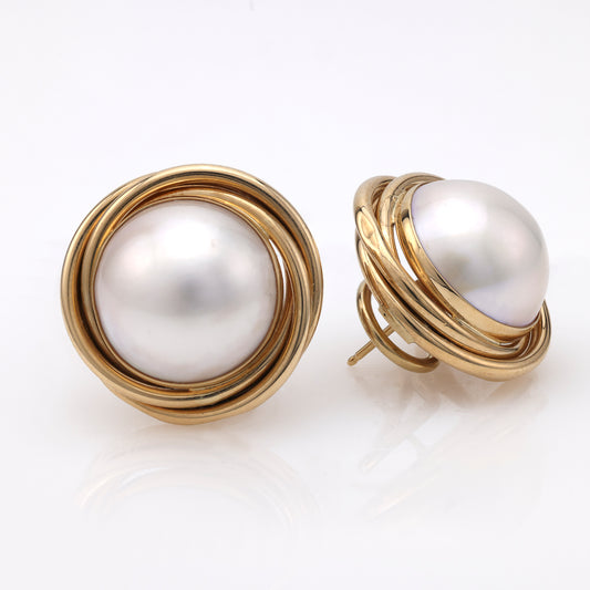 M Estate Collection Stud Color Gemstone Earrings in 14 Karat Yellow with 2 Mabe' White Pearls