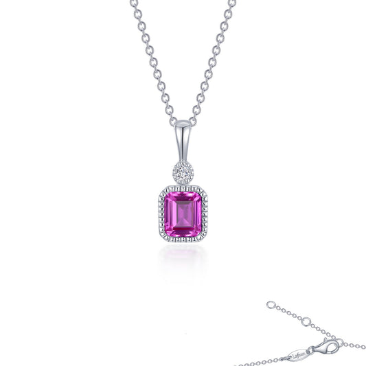 Pendant Color Gemstone Necklace in Platinum Bonded Sterling Silver White with 1 Emerald Pink Tourmaline