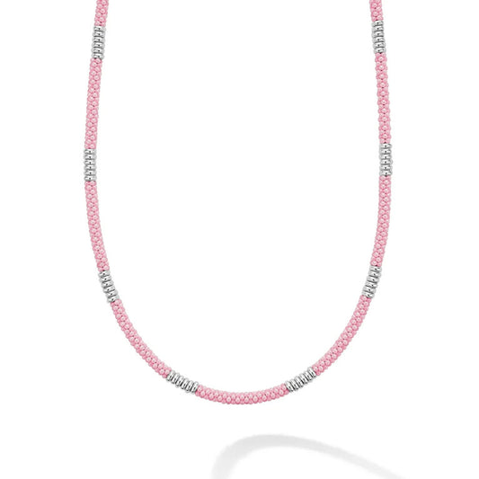 Lagos Pink Caviar Collection Station Necklace (No Stones) in Sterling Silver - Ceramic White - Pink