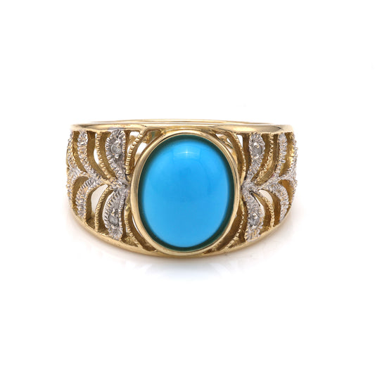 M Estate Collection Color Gemstone Ring in 14 Karat - Enamel Yellow with 1 Oval Blue Turquoise