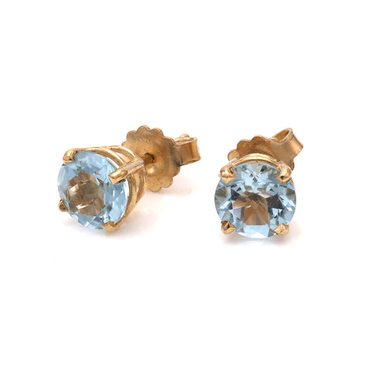 Marks Estate Department 2 M Estate Collection Stud Aquamarine Earrings in 14 Karat Yellow Gold with 2 Round Aquamarines 1.25ctw