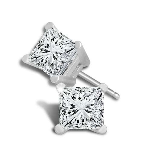 Natural Diamond Stud Earrings in 14 Karat White Gold with 0.81ctw Princess Diamonds, Clarity: I1, Color: J/K