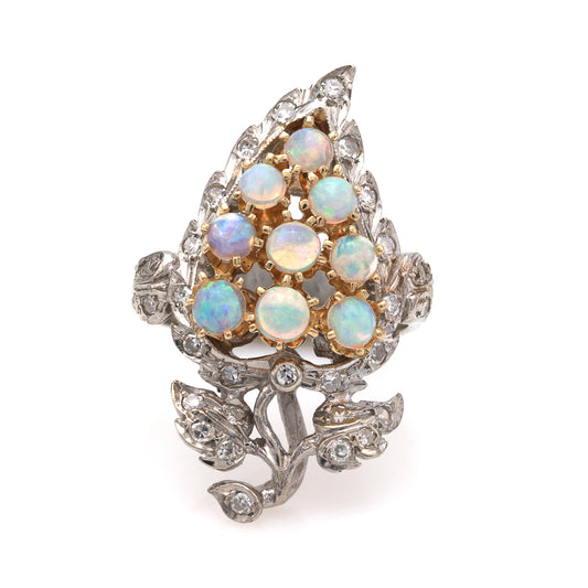 M Estate Collection Color Gemstone Ring in 14 Karat White - Yellow with 9 Cabachon Opals