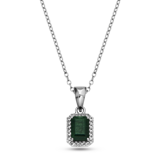 Pendant Color Gemstone Necklace in Sterling Silver White with 1 Emerald Emerald