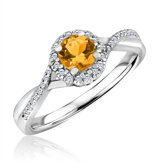 Color Gemstone Ring in Sterling Silver White with 1 Round Citrine 0.45ctw