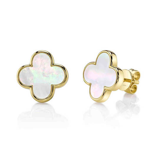 Stud Color Gemstone Earrings in 14 Karat Yellow with 2 Clover Mother Of Pearls 2.37ctw