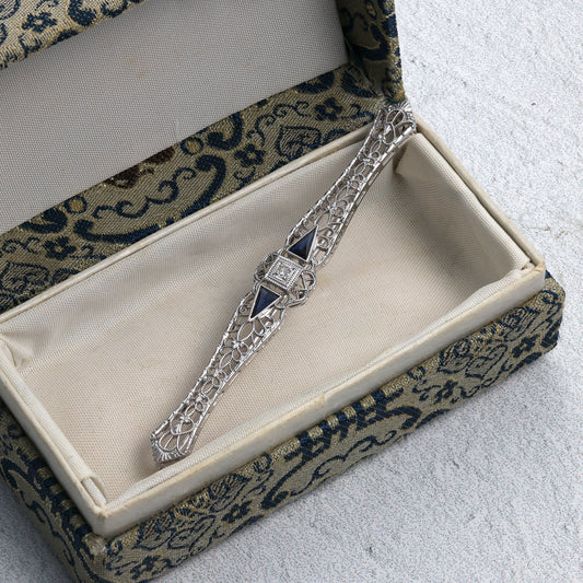 White 14 Karat Sapphire and Diamond Filigree Bar Pin