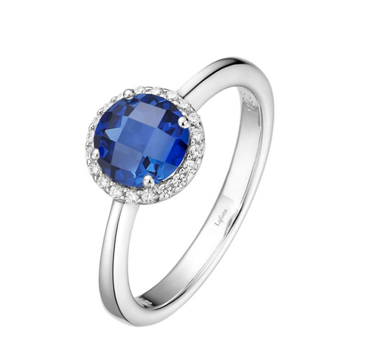 Color Gemstone Ring in Platinum Bonded Sterling Silver White with 1 Round Blue Simulated Sapphire