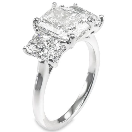 Three Stone Lab-Grown Diamond Complete Engagement Ring in 14 Karat White with 1 Radiant Lab Grown Diamond, Color: G, Clarity: VS1, totaling 3.00ctw