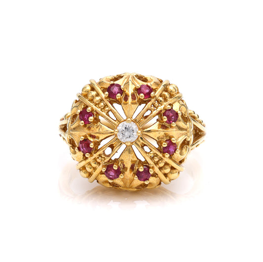 ReMARKable Estate M Estate Collection Color Gemstone Ring in 18 Karat Yellow Gold with 1 Round Diamond, Clarity: SI1, Color: G, 0.10ctw, 2.95mm-2.95mm