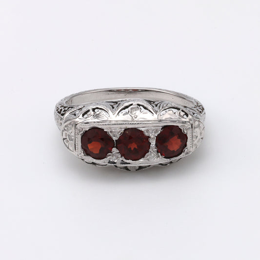 M Estate Collection Color Gemstone Ring in 18 Karat White with 3 Round Garnets 3.9mm-4.09mm