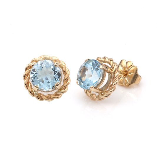 M Estate Collection Stud Color Gemstone Earrings in 14 Karat Yellow with 2 Round Blue Topazes