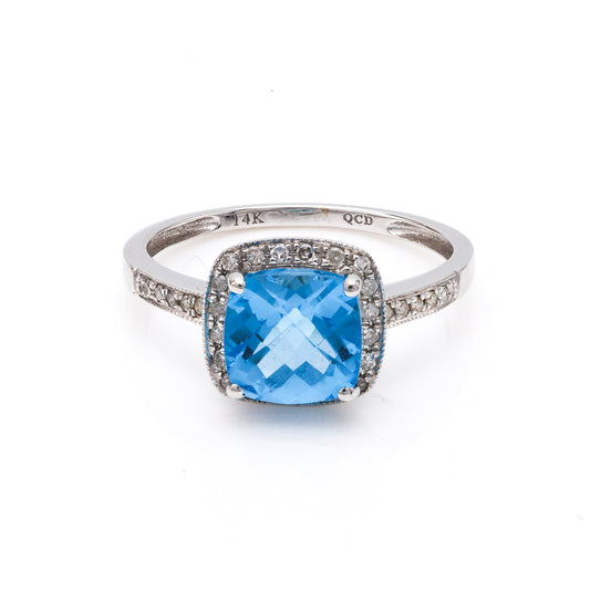 M Estate Collection Color Gemstone Ring in 14 Karat White with 1 Cushion Blue Topaz 7mm-7mm