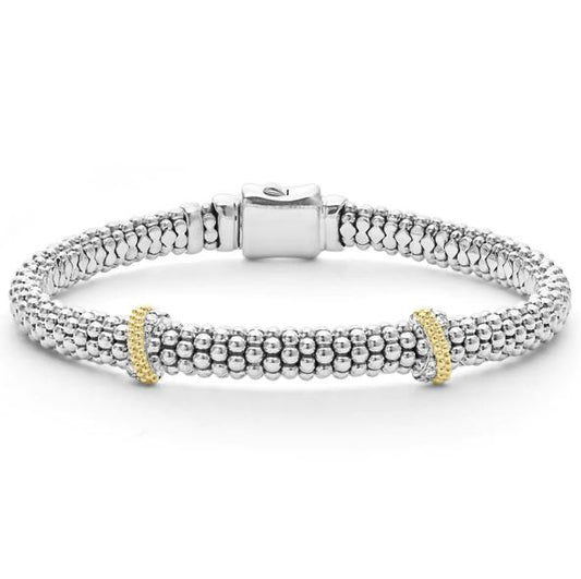 Caviar Lux Collection Natural Diamond Bracelet in Sterling Silver - 18 Karat White - Yellow with 0.10ctw Round Diamonds