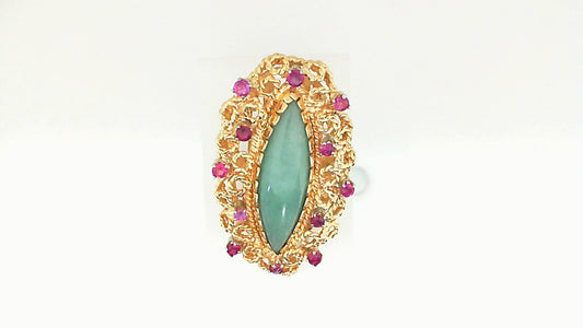 14K Yellow Filigree Jade and Ruby Pin