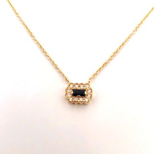 ReMARKABLE Designs Pendant Color Gemstone Necklace in 14 Karat White-Yellow-Rose Gold with 1 Baguette Sapphire 0.19ctw