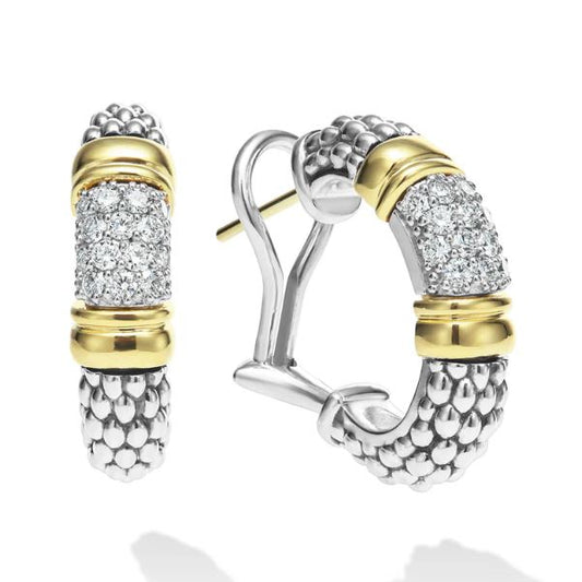 Lagos Signature Caviar Collection Medium Hoop Natural Diamond Earrings in Sterling Silver - 18 Karat White - Yellow with 0.53ctw Round Diamond