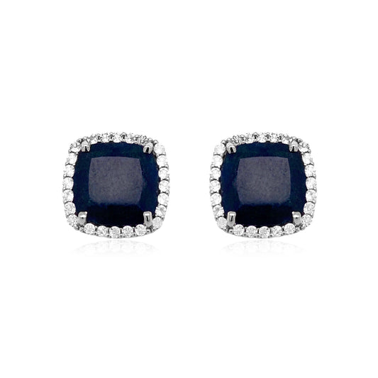 Stud Color Gemstone Earrings in Sterling Silver White with 2 Cushion Quartzs 5.60ctw