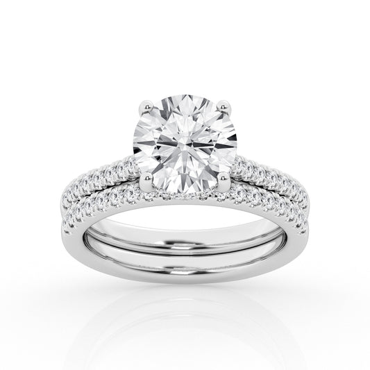 Hidden Accent Lab-Grown Diamond Complete Wedding Set in 14 Karat White with 1 Round Lab Grown Diamond, Color: G, Clarity: VS1, totaling 3.04ctw