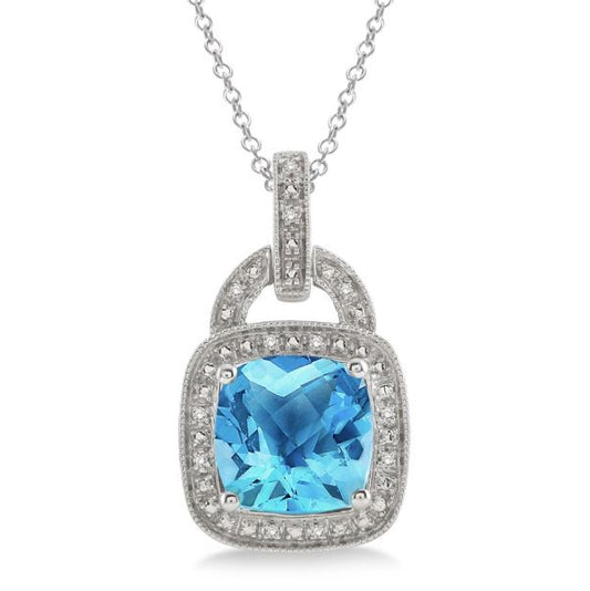 ReMARKable Designs Pendant Blue Topaz Necklace in Sterling Silver White with 1 Cushion Blue Topaz 10mm-10mm