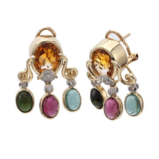 M Estate Collection Chandelier Color Gemstone Earrings in 14 Karat Yellow with 2 Oval Yellowish Orange Citrines 4.22ctw 10mm