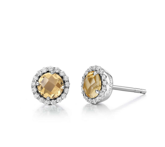 Stud Color Gemstone Earrings in Platinum Bonded Sterling Silver White with 2 Round Citrines