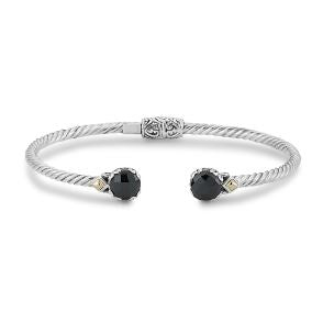 Bangle Color Gemstone Bracelet in Sterling Silver - 18 Karat White - Yellow with 2 RO BLK Spinels 7mm