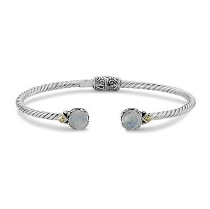 Bangle Color Gemstone Bracelet in Sterling Silver - 18 Karat White - Yellow with 2 Round Moonstones 7mm