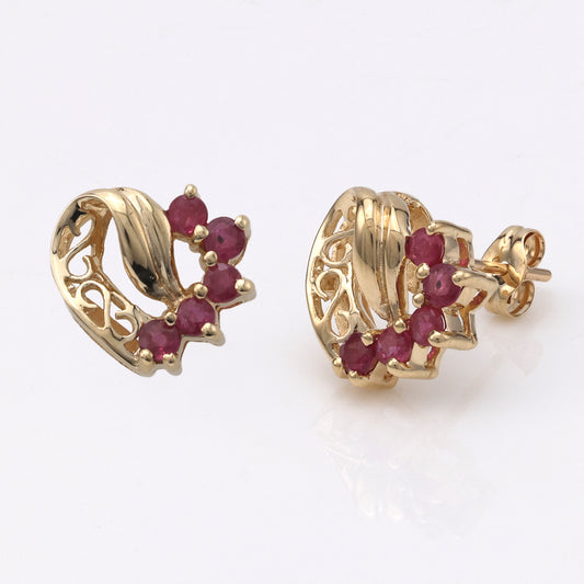 M Estate Collection Heart Color Gemstone Earrings in 14 Karat Yellow with 8 Round Rubies 0.25ctw