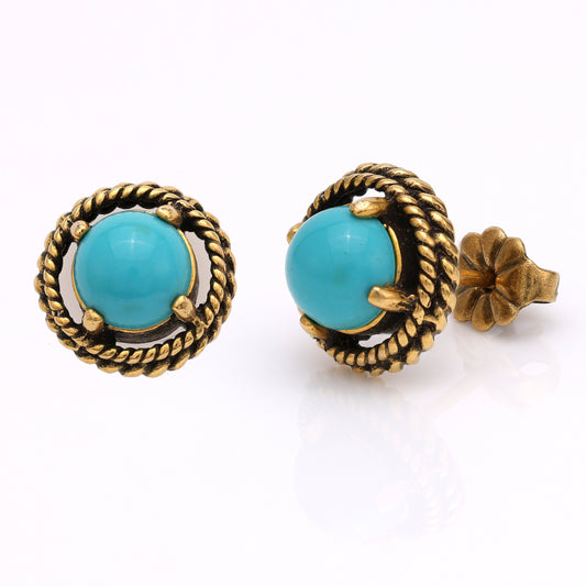 M Estate Collection Stud Color Gemstone Earrings in 14 Karat Yellow with 2 Cabochon Turquoises