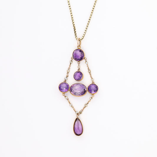 Pendant M Estate Collection Color Gemstone Necklace in 14 Karat Yellow with 6 Various Shapes Amethysts