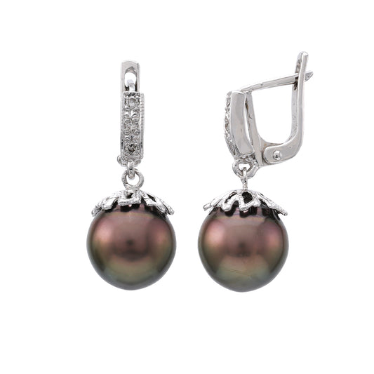 ReMARKable Estate Dangle Color Gemstone Earrings in 14 Karat White with 2 Tahitian Black Pearls