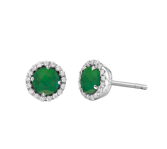 Stud Color Gemstone Earrings in Platinum Bonded Sterling Silver White with 2 Round Simulated Emeralds 0.46ctw