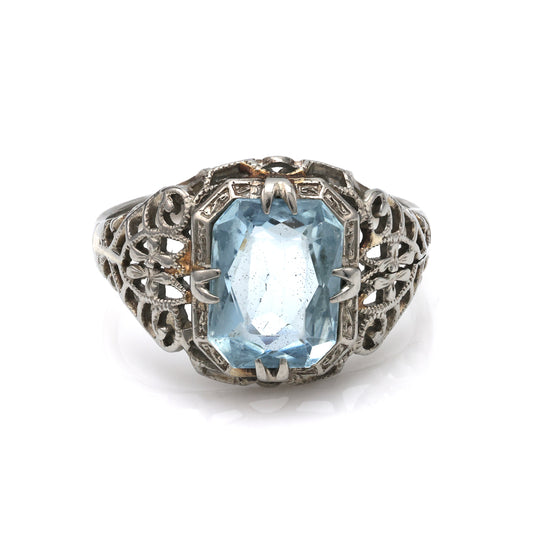 ReMARKable Estate M Estate Collection Color Gemstone Ring in 14 Karat White Gold with 1 Radiant Aquamarine