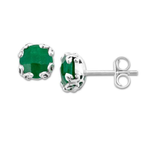 Stud Color Gemstone Earrings in Sterling Silver White with 2 Round Emeralds 7mm