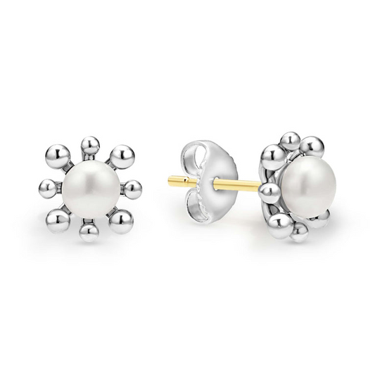 LAGOS Luna Collection Color Gemstone Stud Earrings in Sterling Silver 14 Karat White - Yellow with 2 Freshwater White Pearls