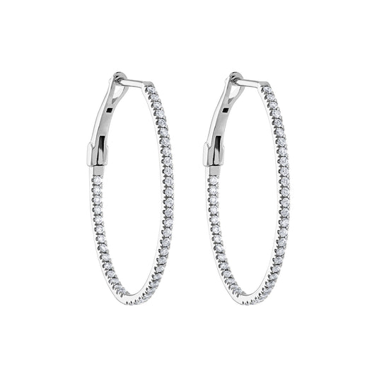 Oval Hoop Natural Diamond Earrings in 14 Karat White with 0.50ctw Round Diamond