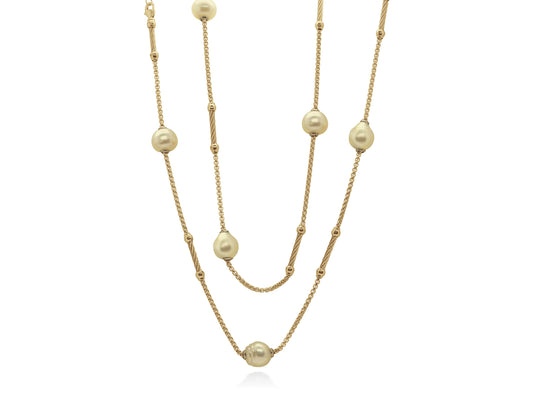 Station Color Gemstone Necklace in Stainless Steel Yellow with 8 South Sea Pearls 11mm-12mm