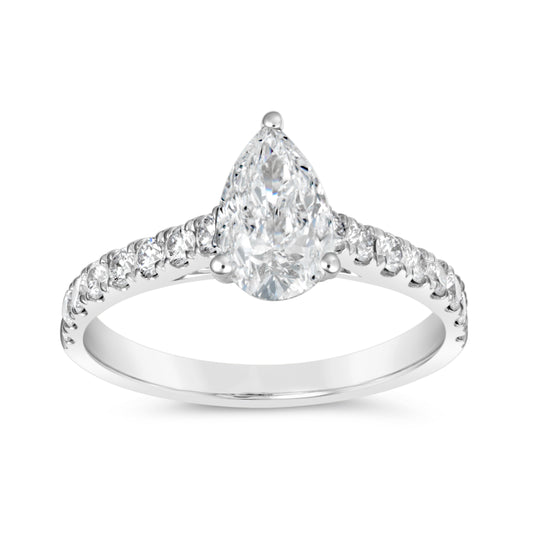 Side Stone Lab-Grown Diamond Complete Engagement Ring in 18 Karat White with 1 Pear Lab Grown Diamond, Color: D, Clarity: VVS2, totaling 1.01ctw