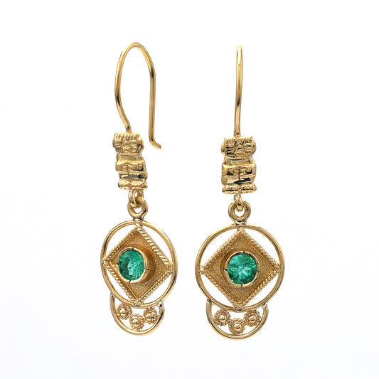 M Estate Collection Dangle Color Gemstone Earrings in 18 Karat Yellow with 2 Round Emeralds 0.36ctw