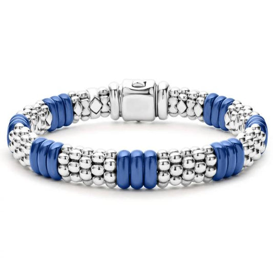 Blue Caviar Collection Caviar Bracelet (No Stones) in Sterling Silver - Ceramic White - Blue