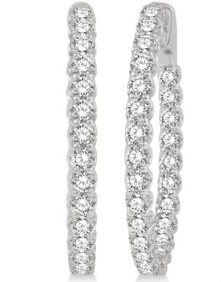 Large Hoop Natural Diamond Earrings in 14 Karat White with 4.00ctw Round Diamonds