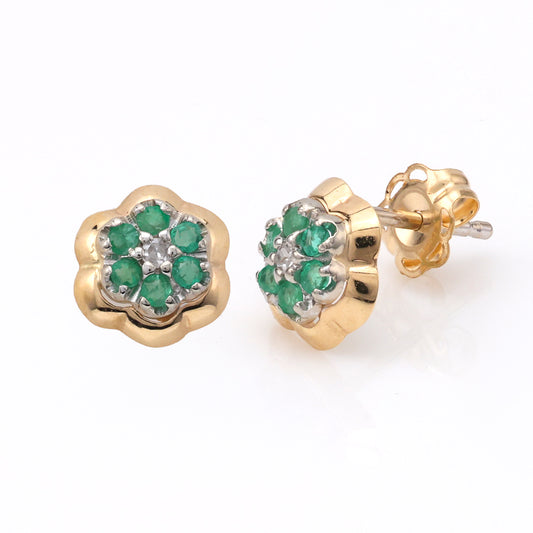 M Estate Collection Stud Color Gemstone Earrings in 14 Karat Yellow with 12 Round Emeralds 0.12ctw