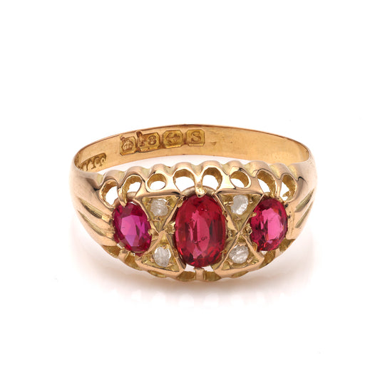 ReMARKable Estate M Estate Collection Color Gemstone Ring in 18 Karat Yellow Gold with 3 Oval Simulated Rubies