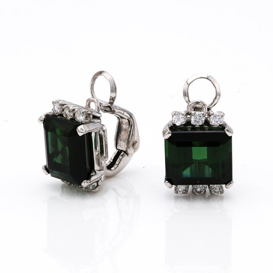 M Estate Collection Clip On Color Gemstone Earrings in 18 Karat White with 2 Emerald Green Tourmalines 7.00ctw 8.64mm-8.9mm