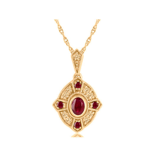 Equity Diamond Brokers Pendant Color Gemstone Necklace in 14 Karat Yellow Gold with 5 Various Shapes Rubies 0.33ctw